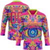 Custom Hot Pink Neon Green Yellow-Blue Trippy Psychedelic Neon Hockey Lace Neck Jersey
