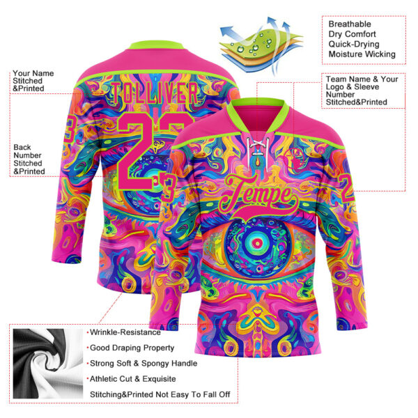 Custom Hot Pink Neon Green Yellow-Blue Trippy Psychedelic Neon Hockey Lace Neck Jersey
