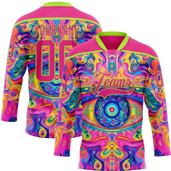 Custom Hot Pink Neon Green Yellow-Blue Trippy Psychedelic Neon Hockey Lace Neck Jersey