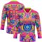 Custom Hot Pink Neon Green Yellow-Blue Trippy Psychedelic Neon Hockey Lace Neck Jersey