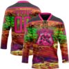 Custom Black Hot Pink Yellow-Green Trippy Psychedelic Hockey Lace Neck Jersey