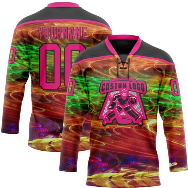 Custom Black Hot Pink Yellow-Green Trippy Psychedelic Hockey Lace Neck Jersey