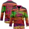 Custom Black Hot Pink Yellow-Green Trippy Psychedelic Hockey Lace Neck Jersey