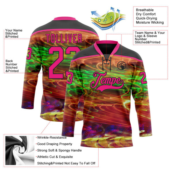 Custom Black Hot Pink Yellow-Green Trippy Psychedelic Hockey Lace Neck Jersey