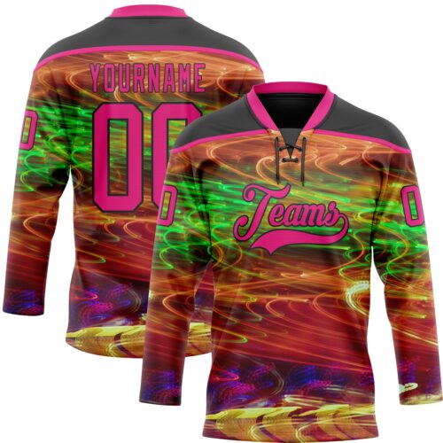 3DPattern11927 Custom Black Hot Pink Yellow-Green Trippy Psychedelic Hockey Lace Neck Jersey