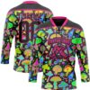 Custom Black Hot Pink Trippy Psychedelic Magic Mushrooms Hockey Lace Neck Jersey