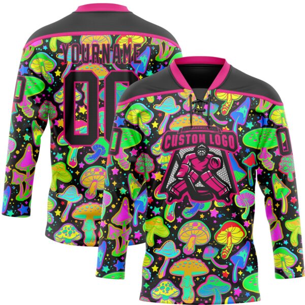 Custom Black Hot Pink Trippy Psychedelic Magic Mushrooms Hockey Lace Neck Jersey