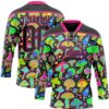 Custom Black Hot Pink Trippy Psychedelic Magic Mushrooms Hockey Lace Neck Jersey