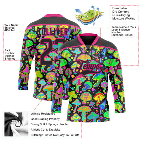 Custom Black Hot Pink Trippy Psychedelic Magic Mushrooms Hockey Lace Neck Jersey