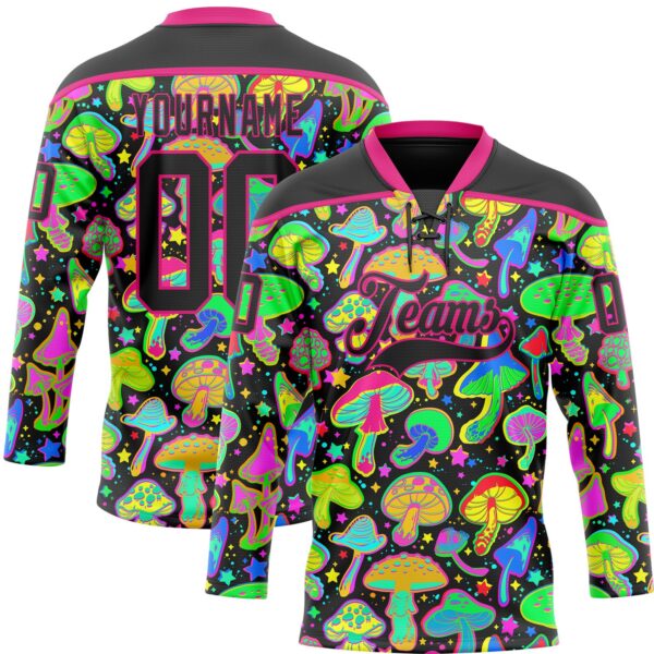 Custom Black Hot Pink Trippy Psychedelic Magic Mushrooms Hockey Lace Neck Jersey