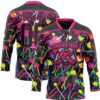 Custom Black Hot Pink Trippy Psychedelic Magic Mushrooms Hockey Lace Neck Jersey