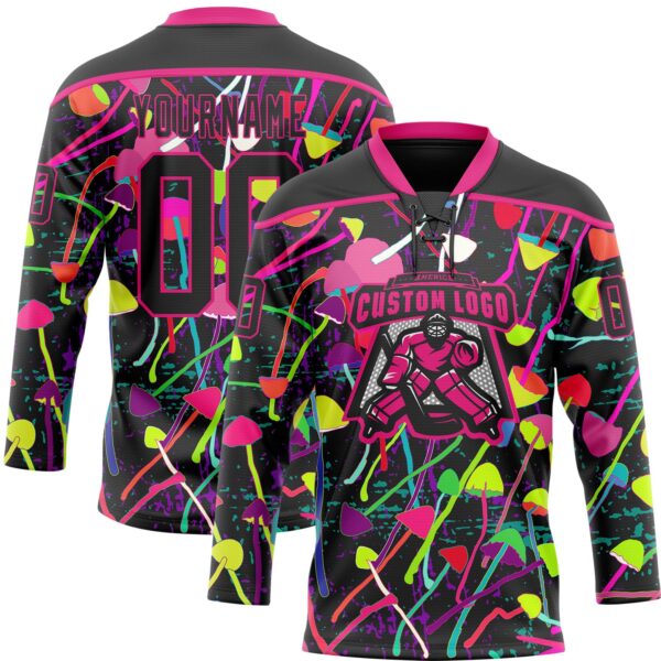 Custom Black Hot Pink Trippy Psychedelic Magic Mushrooms Hockey Lace Neck Jersey