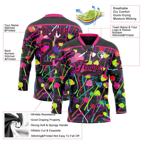 Custom Black Hot Pink Trippy Psychedelic Magic Mushrooms Hockey Lace Neck Jersey