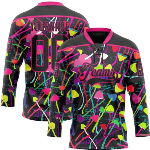Custom Black Hot Pink Trippy Psychedelic Magic Mushrooms Hockey Lace Neck Jersey