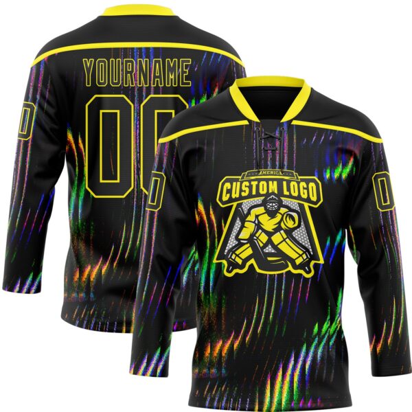 Custom Black Light Yellow Trippy Psychedelic Fluid Hockey Lace Neck Jersey