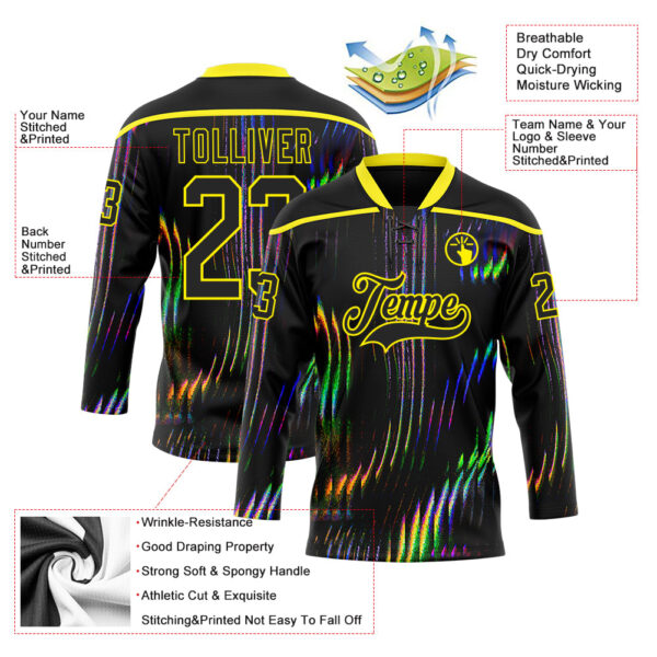 Custom Black Light Yellow Trippy Psychedelic Fluid Hockey Lace Neck Jersey