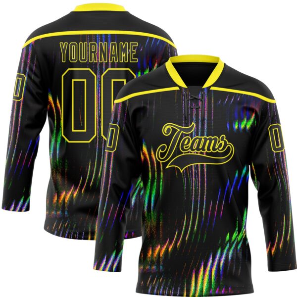 Custom Black Light Yellow Trippy Psychedelic Fluid Hockey Lace Neck Jersey