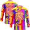 Custom Light Yellow Pink Purple Red-Green Trippy Psychedelic Neon Splash Hockey Lace Neck Jersey