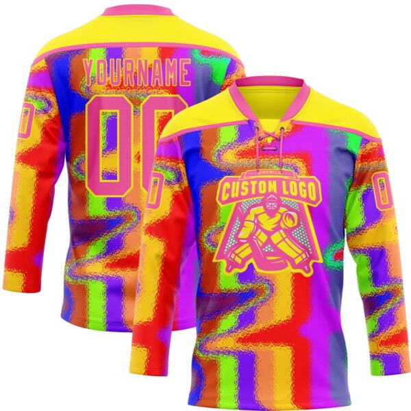 Custom Light Yellow Pink Purple Red-Green Trippy Psychedelic Neon Splash Hockey Lace Neck Jersey