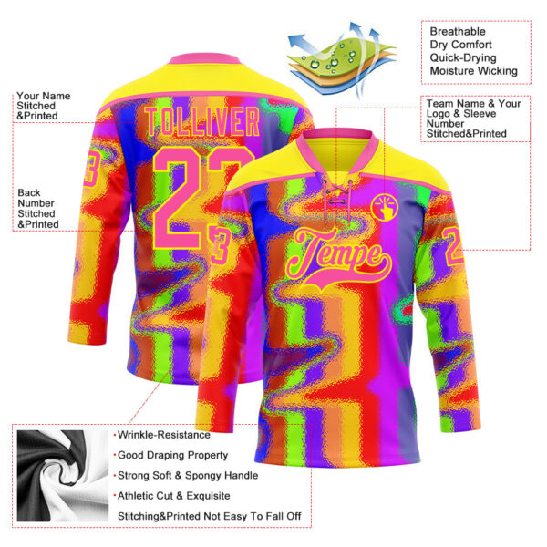 Custom Light Yellow Pink Purple Red-Green Trippy Psychedelic Neon Splash Hockey Lace Neck Jersey