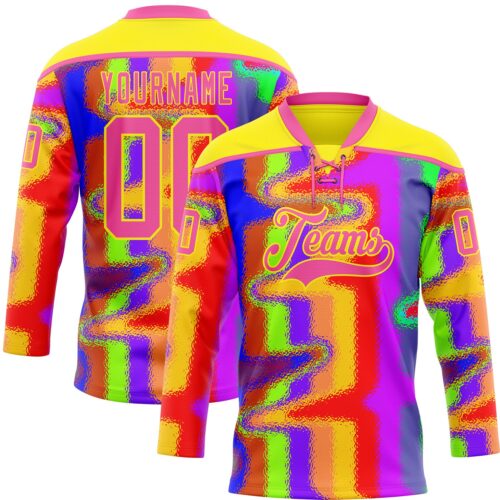 Custom Light Yellow Pink Purple Red-Green Trippy Psychedelic Neon Splash Hockey Lace Neck Jersey