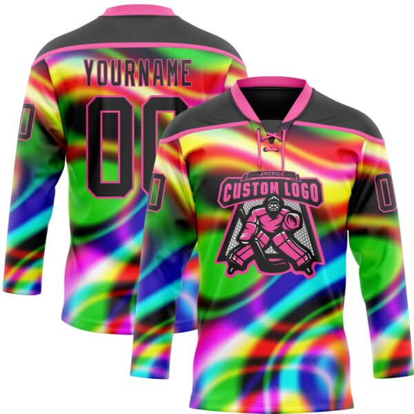 Custom Black Pink Yellow Green-Blue Trippy Psychedelic Neon Trendy Holographic Vaporwave Style Hockey Lace Neck Jersey