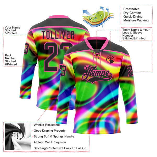 Custom Black Pink Yellow Green-Blue Trippy Psychedelic Neon Trendy Holographic Vaporwave Style Hockey Lace Neck Jersey