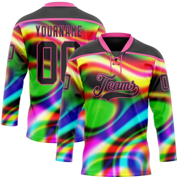 Custom Black Pink Yellow Green-Blue Trippy Psychedelic Neon Trendy Holographic Vaporwave Style Hockey Lace Neck Jersey