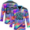 Custom Black Sky Blue Yellow-Green Trippy Psychedelic Neon Trendy Holographic Vaporwave Style Hockey Lace Neck Jersey