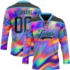 Custom Black Sky Blue Yellow-Green Trippy Psychedelic Neon Trendy Holographic Vaporwave Style Hockey Lace Neck Jersey