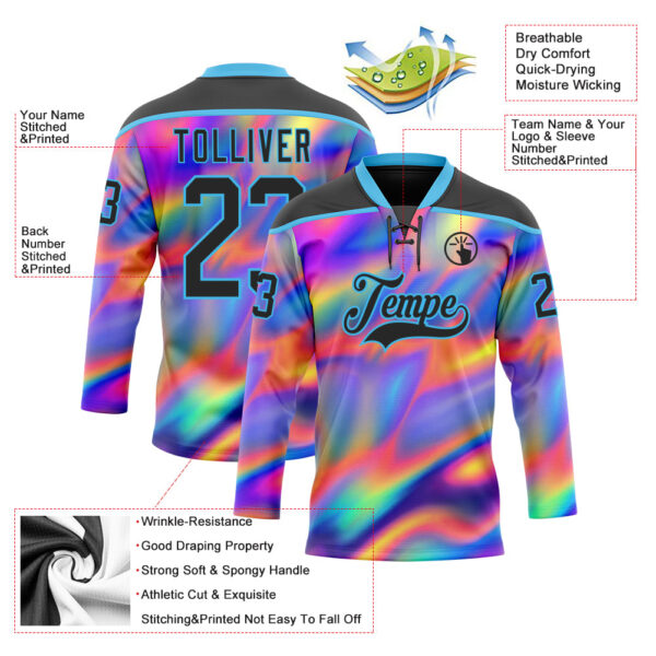 Custom Black Sky Blue Yellow-Green Trippy Psychedelic Neon Trendy Holographic Vaporwave Style Hockey Lace Neck Jersey