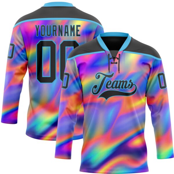 Custom Black Sky Blue Yellow-Green Trippy Psychedelic Neon Trendy Holographic Vaporwave Style Hockey Lace Neck Jersey