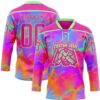 Custom Deep Pink Pea Green Purple-Orange Trippy Psychedelic Neon Hockey Lace Neck Jersey