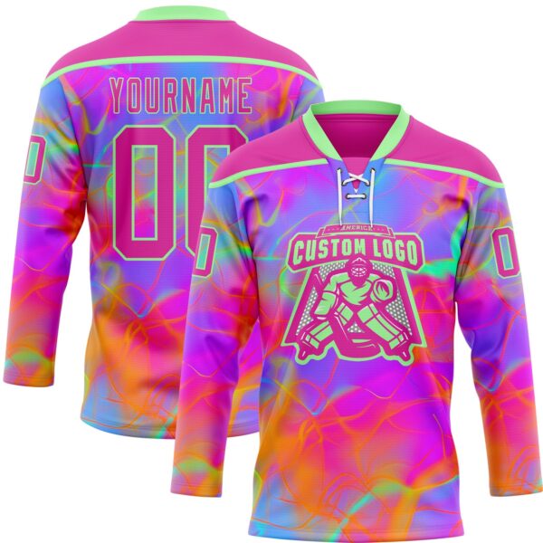 Custom Deep Pink Pea Green Purple-Orange Trippy Psychedelic Neon Hockey Lace Neck Jersey