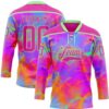 Custom Deep Pink Pea Green Purple-Orange Trippy Psychedelic Neon Hockey Lace Neck Jersey