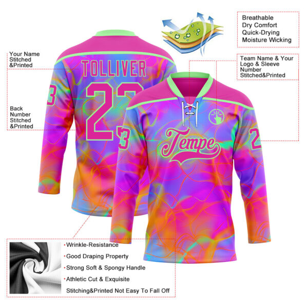 Custom Deep Pink Pea Green Purple-Orange Trippy Psychedelic Neon Hockey Lace Neck Jersey