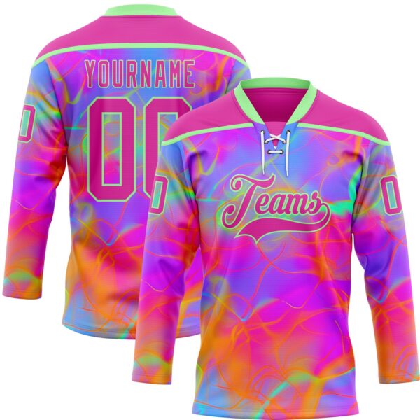 Custom Deep Pink Pea Green Purple-Orange Trippy Psychedelic Neon Hockey Lace Neck Jersey