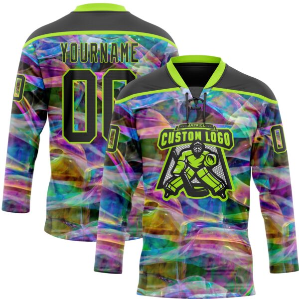 Custom Black Neon Green Trippy Psychedelic Trendy Holographic Vaporwave Style Hockey Lace Neck Jersey