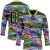 Custom Black Neon Green Trippy Psychedelic Trendy Holographic Vaporwave Style Hockey Lace Neck Jersey