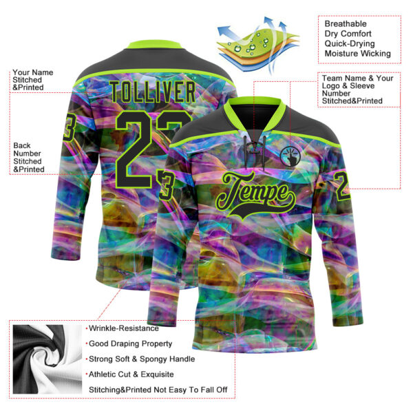 Custom Black Neon Green Trippy Psychedelic Trendy Holographic Vaporwave Style Hockey Lace Neck Jersey
