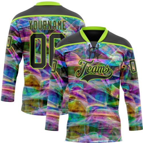 Custom Black Neon Green Trippy Psychedelic Trendy Holographic Vaporwave Style Hockey Lace Neck Jersey