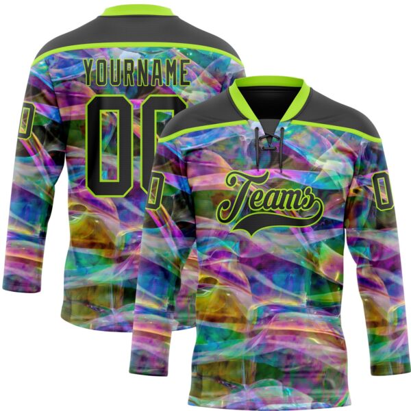 Custom Black Neon Green Trippy Psychedelic Trendy Holographic Vaporwave Style Hockey Lace Neck Jersey