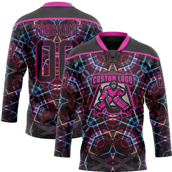 Custom Black Deep Pink-Blue Trippy Psychedelic Geometric Hockey Lace Neck Jersey