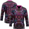 Custom Black Deep Pink-Blue Trippy Psychedelic Geometric Hockey Lace Neck Jersey
