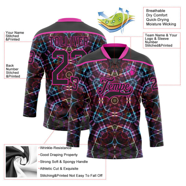 Custom Black Deep Pink-Blue Trippy Psychedelic Geometric Hockey Lace Neck Jersey