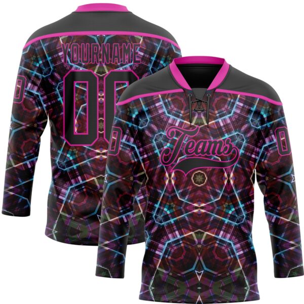 Custom Black Deep Pink-Blue Trippy Psychedelic Geometric Hockey Lace Neck Jersey