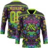 Custom Black Neon Green-Hot Pink Trippy Psychedelic Geometric Hockey Lace Neck Jersey