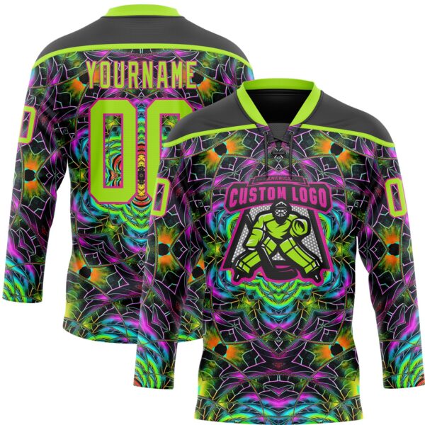 Custom Black Neon Green-Hot Pink Trippy Psychedelic Geometric Hockey Lace Neck Jersey
