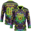 Custom Black Neon Green-Hot Pink Trippy Psychedelic Geometric Hockey Lace Neck Jersey