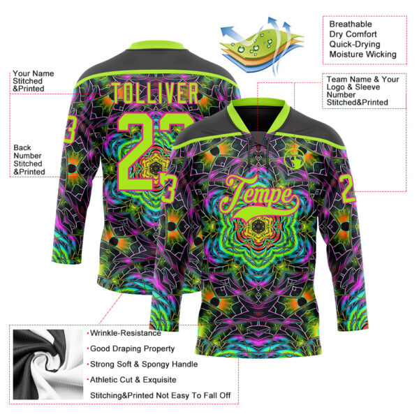 Custom Black Neon Green-Hot Pink Trippy Psychedelic Geometric Hockey Lace Neck Jersey